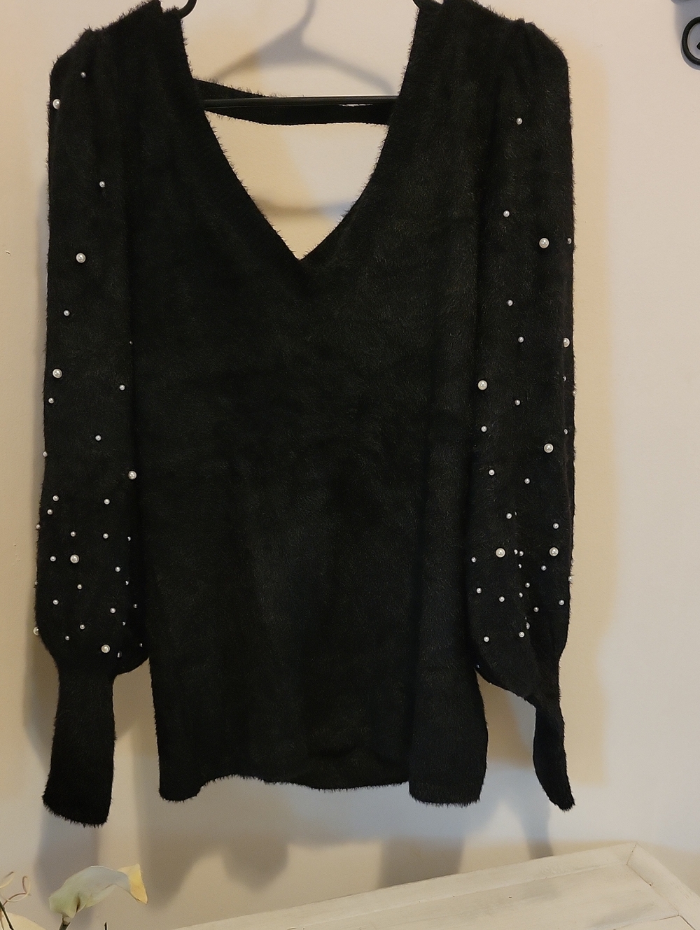 VENUS Black Fuzzy Knit Top with Branded Neck Label